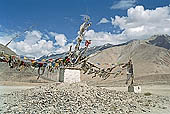 Ladakh - pile of stones on  mountain pass with the characteristc prayer flags